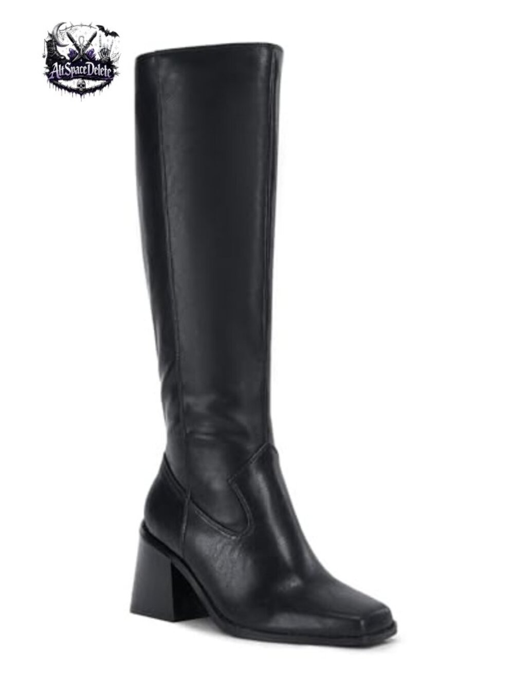 Women's Knee High Boots Faux Leather Square Toe Chunky Block Heel Pull-On